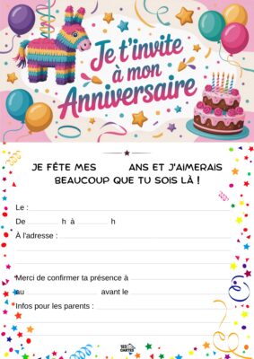 Invitation d'anniversaire avec une piñata en forme de cheval et un gâteau décoré de bougies, entourée de confettis et de ballons.