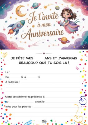 Princesse en robe entourée d'éléments spatiaux, avec texte d'invitation à un anniversaire.