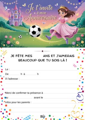 Une princesse avec une couronne joue au football devant un château. Texte d'invitation à un anniversaire en bas.