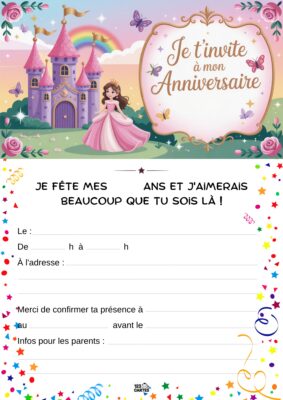Château avec une princesse en robe rose et un arc-en-ciel, invitation à un anniversaire avec des éléments festifs en bas.
