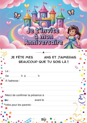 Fond de ciel bleu avec un château et une princesse Roblox souriante, texte d'invitation à un anniversaire entouré d'étoiles et de confettis.