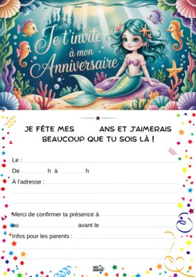 Fond marin avec une sirène aux cheveux longs, entourée de poissons et de coraux. Texte en haut : Je t'invite à mon Anniversaire.