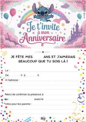 Invitation d'anniversaire avec Stitch, texte festif en haut, espaces vides pour informations à remplir en bas.
