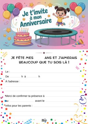 Carte d'invitation d'anniversaire avec une fille joyeuse, un gâteau, un trampoline et des ballons. Espace pour remplir les détails de l’événement.