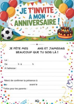 Ballons colorés, un gâteau d'anniversaire, un ballon de football et des éléments décoratifs.