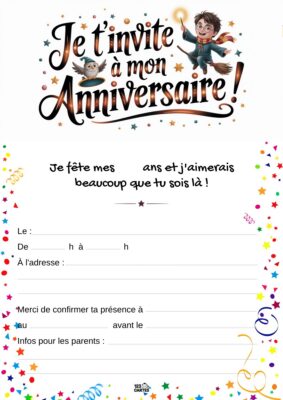 Invitation d'anniversaire avec Harry Potter, tenant une baguette et entouré de symboles magiques, au design enchanteur et festif.