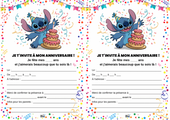 Invitation d'anniversaire colorée avec Stitch, un personnage souriant, tenant un gâteau à étages, décorée d'étoiles et de confettis.