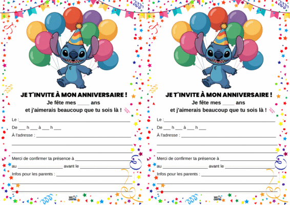 Invitation d'anniversaire avec Stitch tenant des ballons colorés, décorée de confettis et d'étoiles. Champs à remplir inclus.
