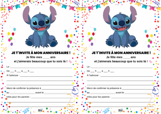 Invitation d'anniversaire avec Stitch, personnage joyeux. Fond coloré avec confettis et espaces pour les détails de l'événement.