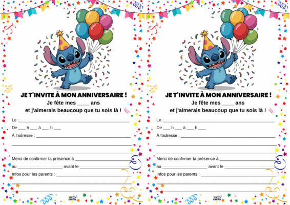 Invitation d'anniversaire avec Stitch tenant des ballons, décorée de confettis et d'étoiles colorées.