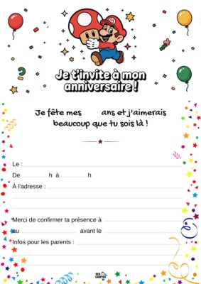 Invitation d'anniversaire avec Mario tenant un champignon, entouré d'étoiles et de ballons, évoquant un univers ludique.