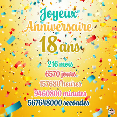 Image de fête d'anniversaire avec des confettis. Texte Joyeux Anniversaire 18 ans et équivalents en temps.