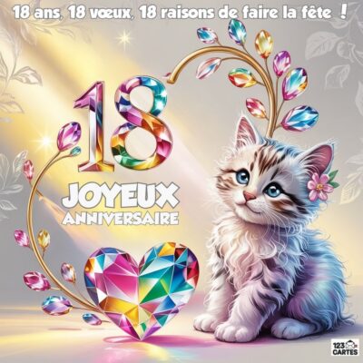 Illustration fantaisiste d'un chaton tigré aux yeux bleus entouré de cristaux colorés en forme de cœur et de papillons, avec le nombre 18 en cristal arc-en-ciel et le texte 18 ans, 18 vœux, 18 raisons de faire la fête !