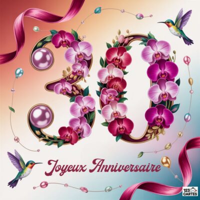 Carte florale 30e anniversaire avec chiffres ornés d'orchidées violettes et roses, colibris et bulles décoratives sur fond dégradé pastel