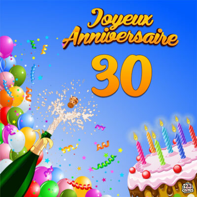 Image festive pour un 30ème anniversaire, avec un gâteau, champagne, des ballons colorés et des confettis. Joyeux Anniversaire.