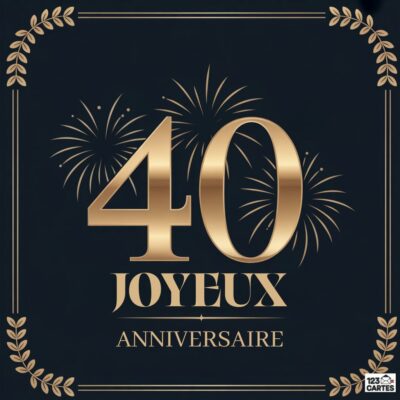 Carte élégante 40 ans avec chiffres dorés, feux d'artifice et bordure dorée sur fond noir, texte JOYEUX ANNIVERSAIRE