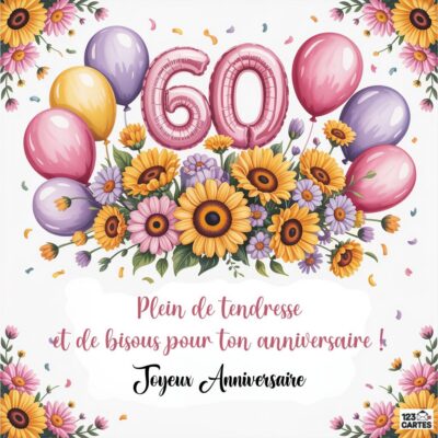 Carte d'anniversaire 60 ans avec ballons colorés violets, roses et jaunes, chiffres 60 roses métallisés, tournesols et fleurs violettes, message : Plein de tendresse et de bisous pour ton anniversaire ! Joyeux Anniversaire