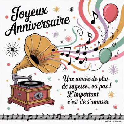 Carte d'anniversaire avec un phonographe, des notes de musique et des ballons, accompagnée de joyeux messages festifs.