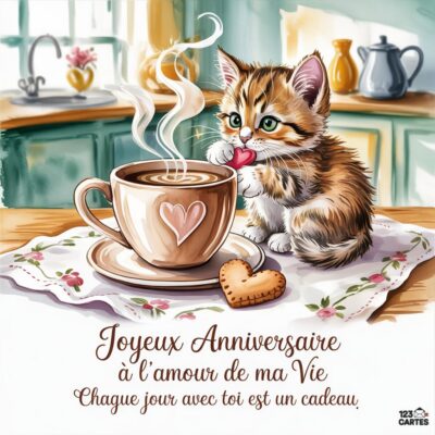 Un chaton mignon tient un cœur près d'une tasse de café sur une table, avec un message d'anniversaire d'amour écrit dessous.