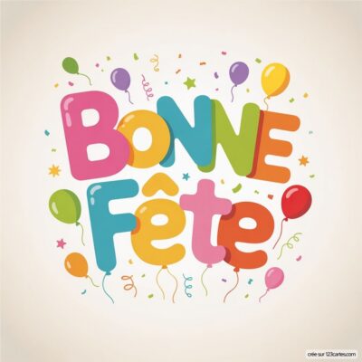 Texte en grandes lettres affichant 'Bonne Fête', entouré de ballons et de confettis festifs sur fond clair.