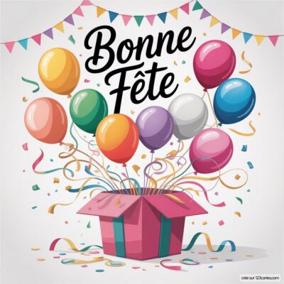 Un cadeau ouvert laisse échapper des ballons de différentes tailles et couleurs, avec des confettis et le texte Bonne Fête.