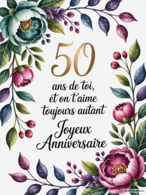 Carte d'anniversaire décorée de fleurs colorées avec le message '50 ans de toi, Joyeux Anniversaire' en lettres élégantes.