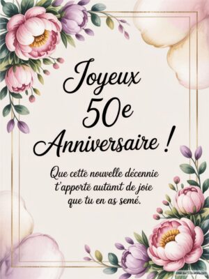Texte de vœux pour un 50e anniversaire entouré de fleurs colorées.