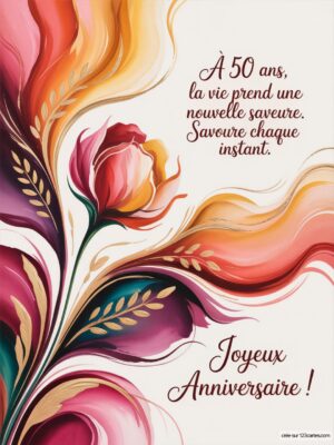 Image anniversaire avec un bouquet coloré de fleurs stylisées avec le texte : À 50 ans, la vie prend une nouvelle saveur. Joyeux Anniversaire !