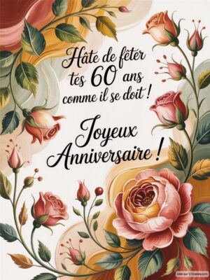 Carte virtuelle anniversaire 60 ans avec roses élégantes et fond floral pastel, ambiance festive