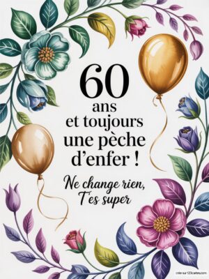 Carte virtuelle anniversaire 60 ans avec fleurs colorées, ballons dorés et ambiance festive