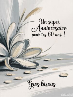 Carte virtuelle anniversaire 60 ans avec fleurs élégantes, design en noir et blanc.