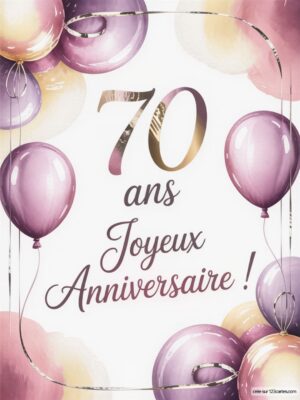 Carte virtuelle anniversaire 70 ans avec ballons violets et dorés, ambiance festive et élégante