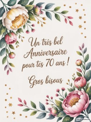Carte virtuelle anniversaire 70 ans avec fleurs délicates et fond pastel, ambiance festive