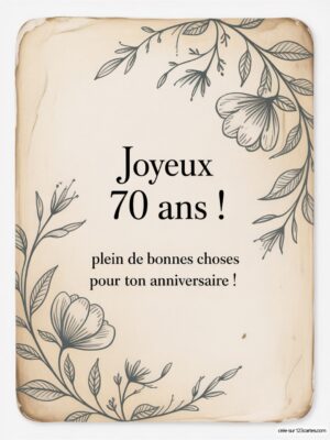 Carte virtuelle anniversaire 70 ans avec fleurs délicates, fond vintage crème et texte festif.