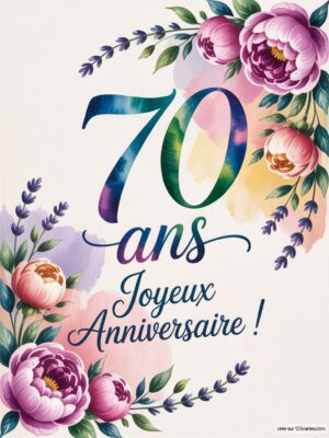 Carte virtuelle anniversaire 70 ans avec fleurs pastel et inscriptions colorées, ambiance festive et joyeuse.