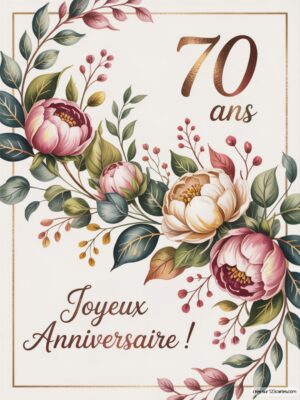 Carte virtuelle anniversaire 70 ans avec fleurs pastel, élégante et festive, ambiance joyeuse