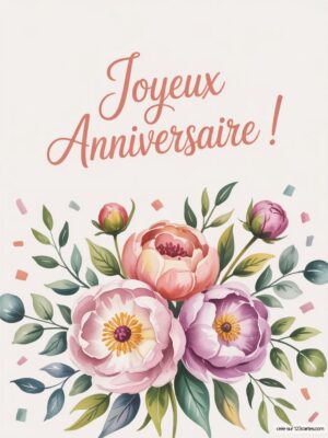Fleurs colorées avec le texte Joyeux Anniversaire ! en haut.