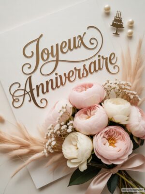 Bouquet de fleurs pastel avec une carte souhaitant un joyeux anniversaire.