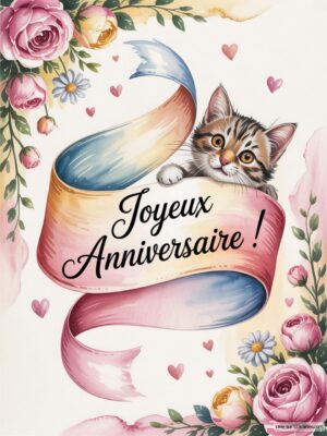 Un chaton mignon émerge d'un ruban coloré avec l'inscription Joyeux Anniversaire ! entouré de roses.