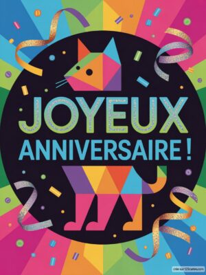 Un chat stylisé aux couleurs vives avec des confettis et le texte Joyeux Anniversaire ! en arrière-plan.