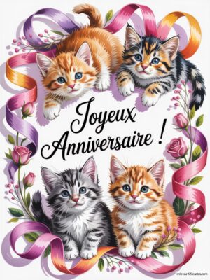 Quatre chatons aux couleurs variées entourés de rubans et de fleurs, avec un texte Joyeux Anniversaire !