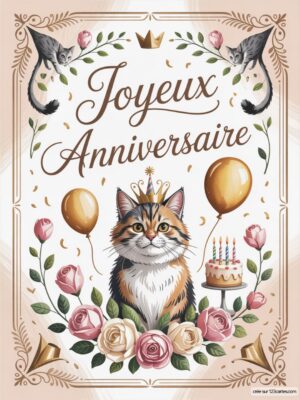 Un chat tricolore avec une couronne, entouré de fleurs, ballons et un gâteau d'anniversaire.