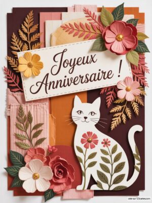 Carton d'anniversaire décoré de fleurs et d'un chat stylisé avec le texte Joyeux Anniversaire !.