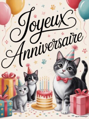 Deux chatons avec des chapeaux de fête entourent un gâteau d'anniversaire et des cadeaux colorés.