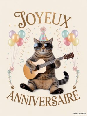 Carte virtuelle anniversaire chat rockeur, avec guitare et ballons, animée et musicale.