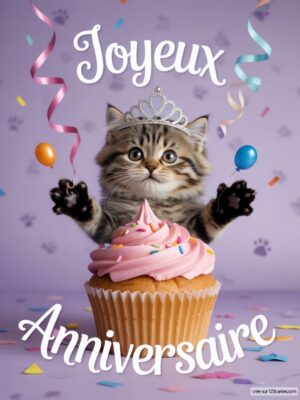 Carte virtuelle anniversaire chaton mignon avec cupcake rose.