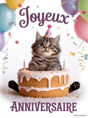 Carte virtuelle anniversaire avec chaton sur gâteau, ballons et confettis.