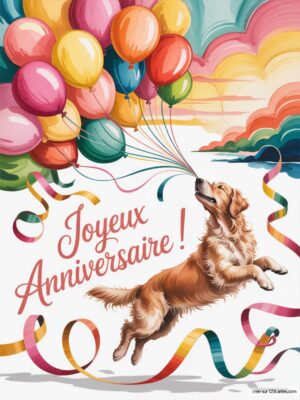 Carte virtuelle anniversaire avec un chien sautant joyeusement parmi des ballons colorés et des serpentins animés.