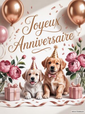 Carte virtuelle anniversaire avec deux chiots adorables, décorée de roses et ballons dorés.