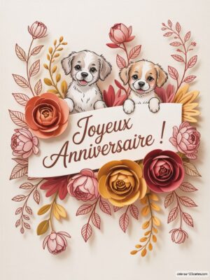 Carte virtuelle anniversaire avec deux chiots souriants, fleurs en papier colorées et un fond doux.